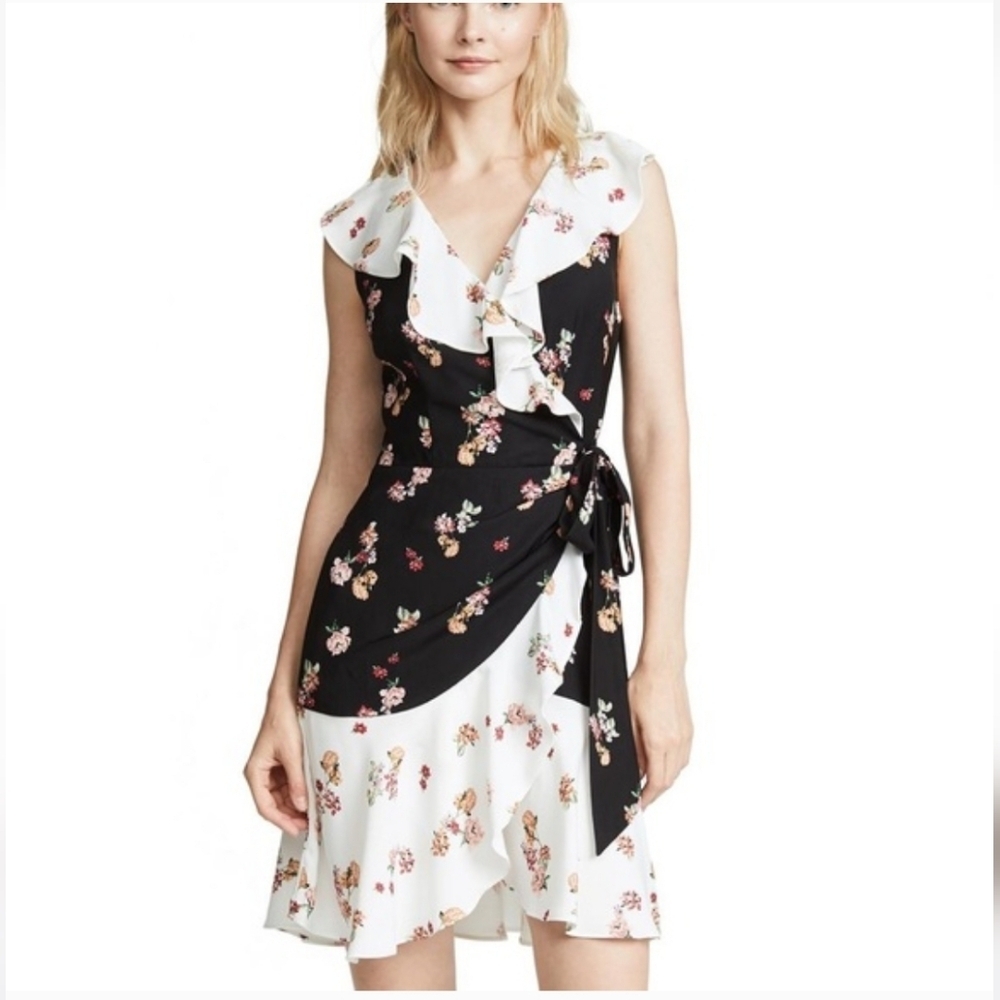 KEEPSAKE the Label Evolve Black Ivory Floral Asymmetrical Wrap Dress